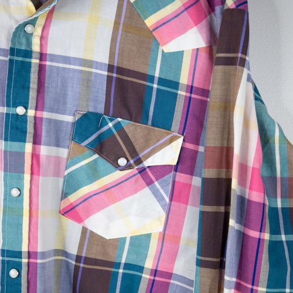 Saddlebrook Western Wear Men's XL shirt, plaid pink brown, pearl snaps Vintage - Picture 4 of 8